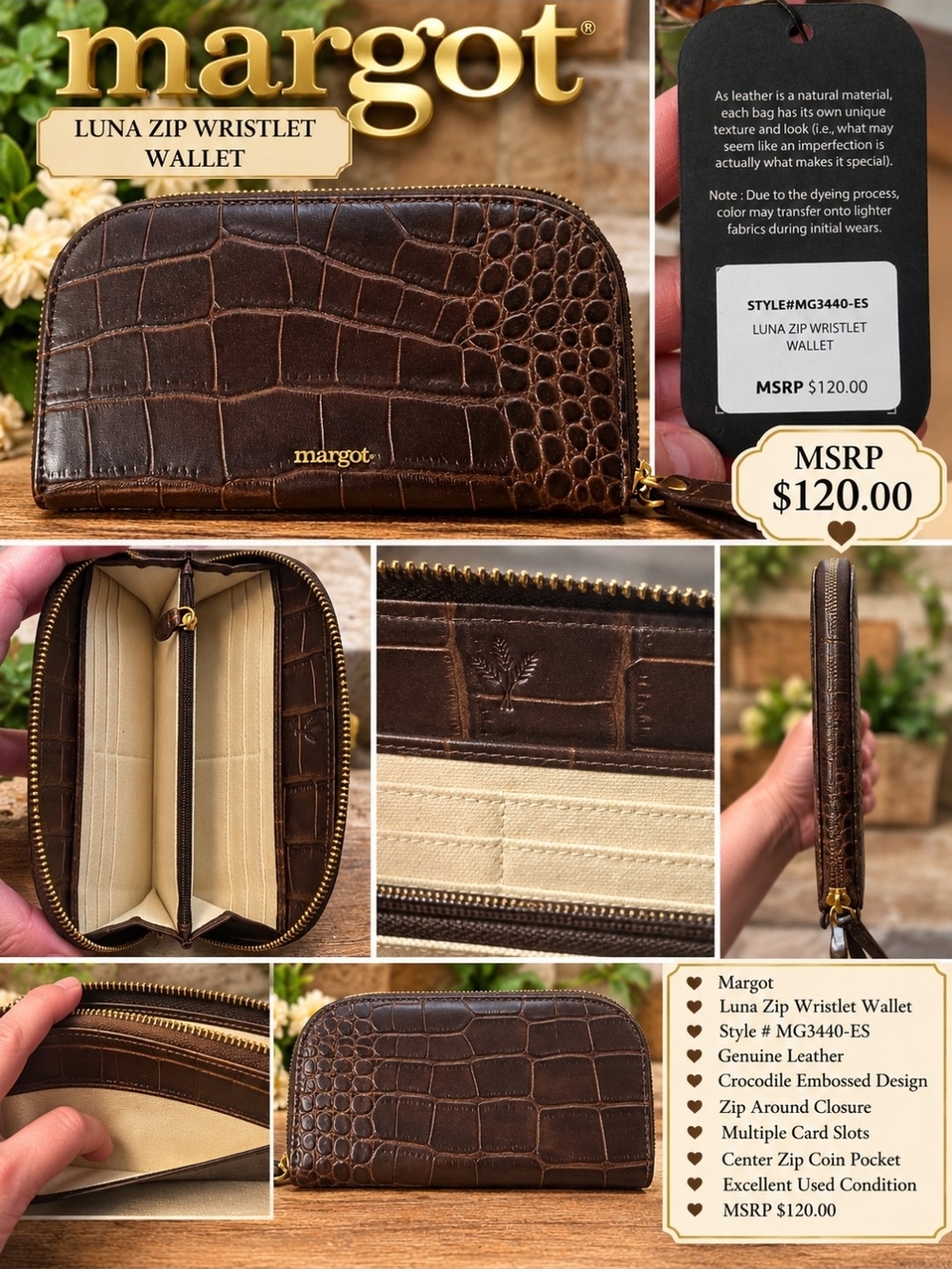 margot Brown Crocodile-Embossed Leather Zip Wristlet Wallet